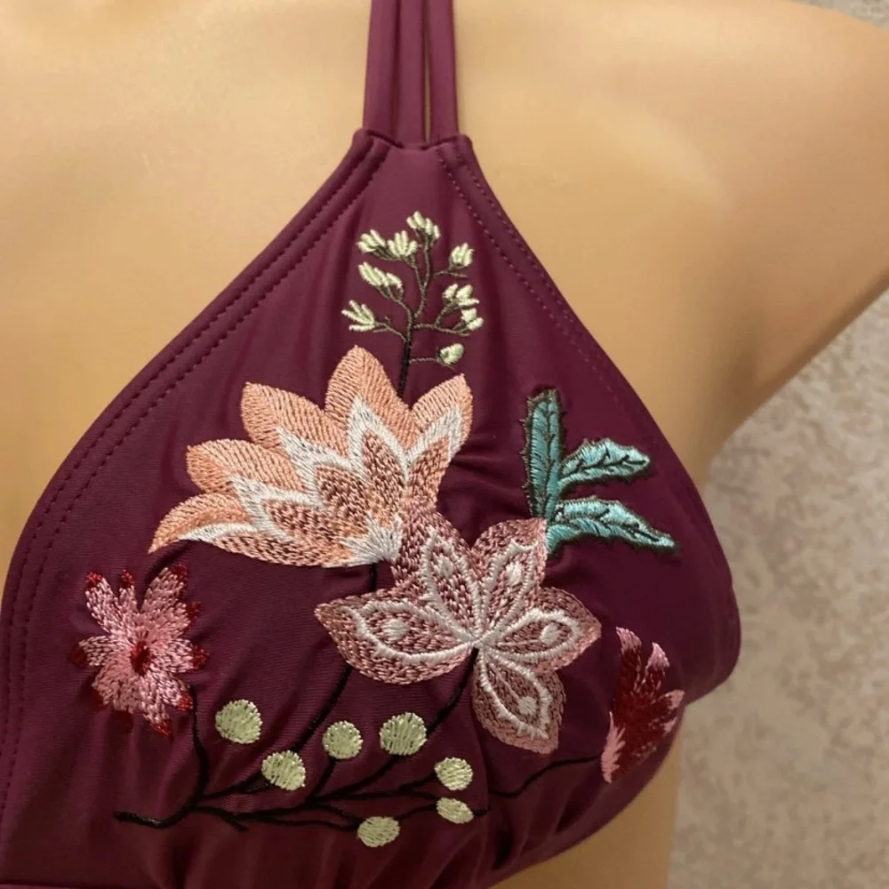 Time and Tru Burgundy Floral Bikini Top